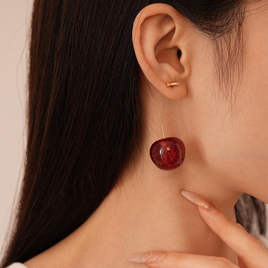 Ankola Red Resin Smudge Cherry Silver Needle Earrings Fashion Sweet Fruit‑Shaped High‑End Temperament Trend Jewelry