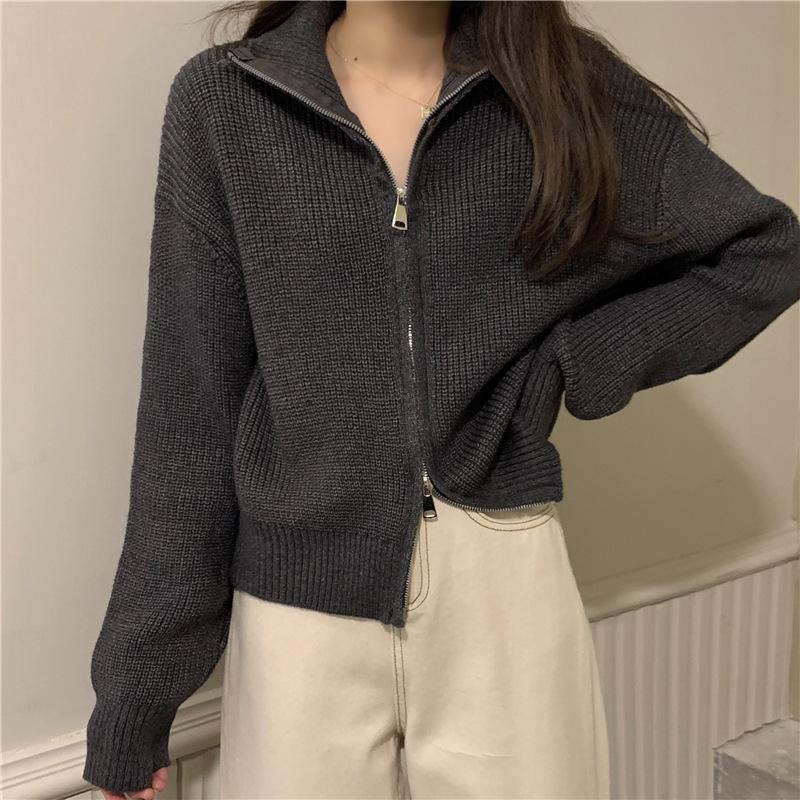 Autumn and Winter New Korean Loose and Lazy Solid Color Knitted Cardigan Women s Design Sense Niche Double Zipper Sweater Jacket 3369₽