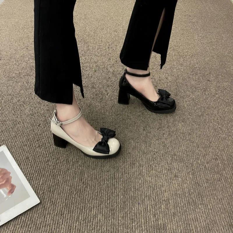 French retro small leather shoes women's 2025 new summer bow high heel niche design Mary Jane single shoes thick heel