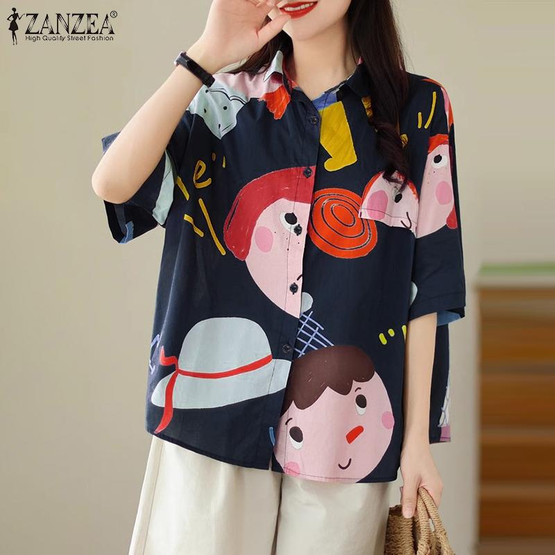 ZANZEA Women Summer Cartoon Print Short Sleeve Shirts