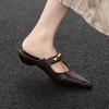 Fashion 2025 Summer Women Mules Genuine Leather Women Shoes Pointed Toe Med Heel Slippers Cover Toe Slingback Sandals Metal Buckle Shoe