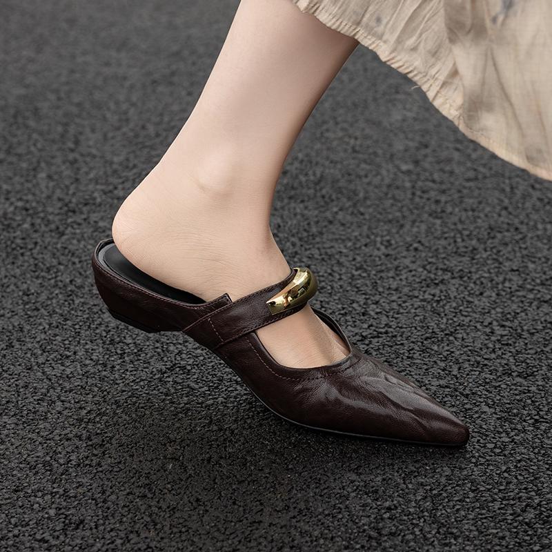 Fashion 2025 Summer Women Mules Genuine Leather Women Shoes Pointed Toe Med Heel Slippers Cover Toe Slingback Sandals Metal Buckle Shoe