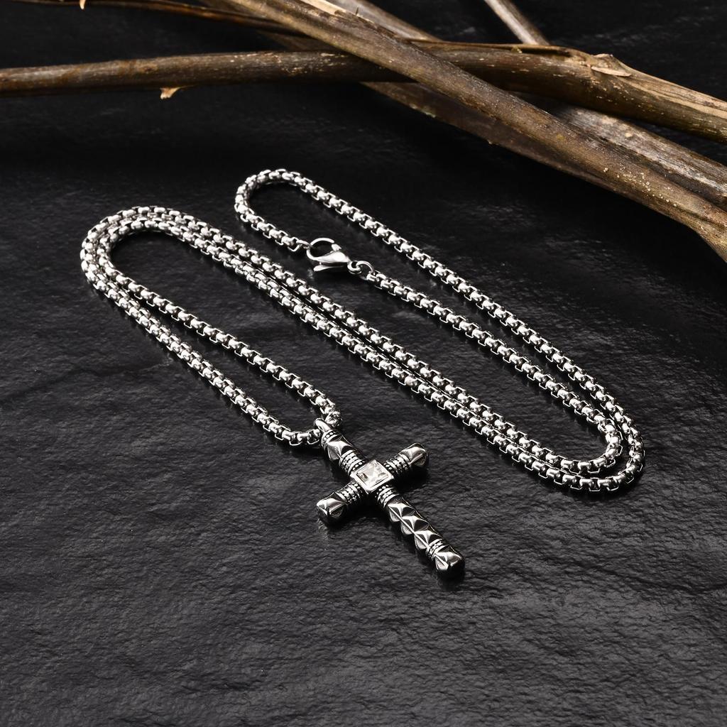 Punk Mens Cross Pendant Necklace,Silver Color Plain Cross Pendant Collar with Stainless Steel Box Chain,Exquisite Male Gift