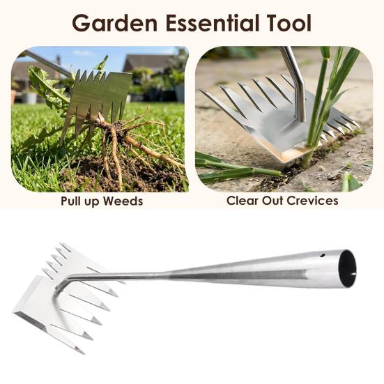 Stainless Steel Weed Remover Tool Six-Tooth Double Head Garden Weeding Tool Manual Weeder with Cutting Blade Serrated Edge for Precision Weeding