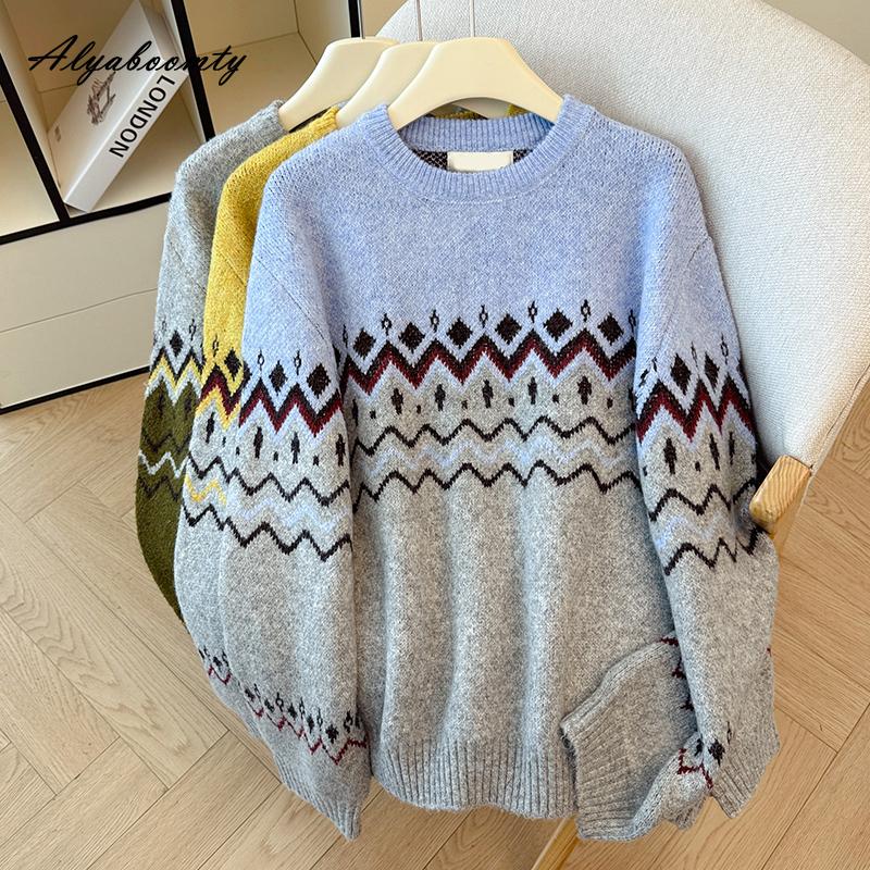 Korean Fashion Autumn Winter Women Basic Sweater O Neck Contrast Color Knitting Pullover Long Sleeve Thick Warm Knitted Outerwear