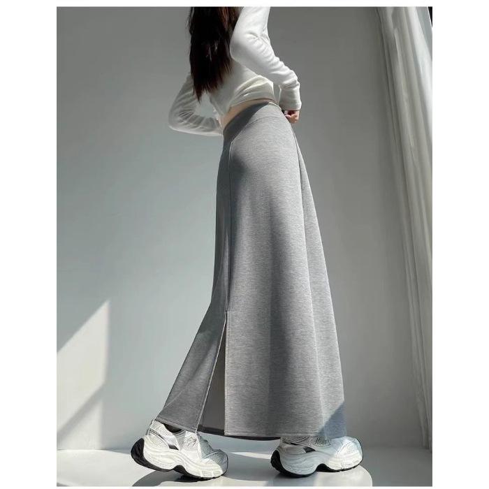 

2026 Autumn/Winter High-Waisted Drawstring Split Loose Long Skirt M (recommended 95-110 jin) светло-серый