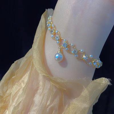 Zartes, trendiges Büro-Armband mit schlichtem Retro-Strass und Kunstperlen, modisch, elegant, Schmuckzubehör aus Legierung für Frauen