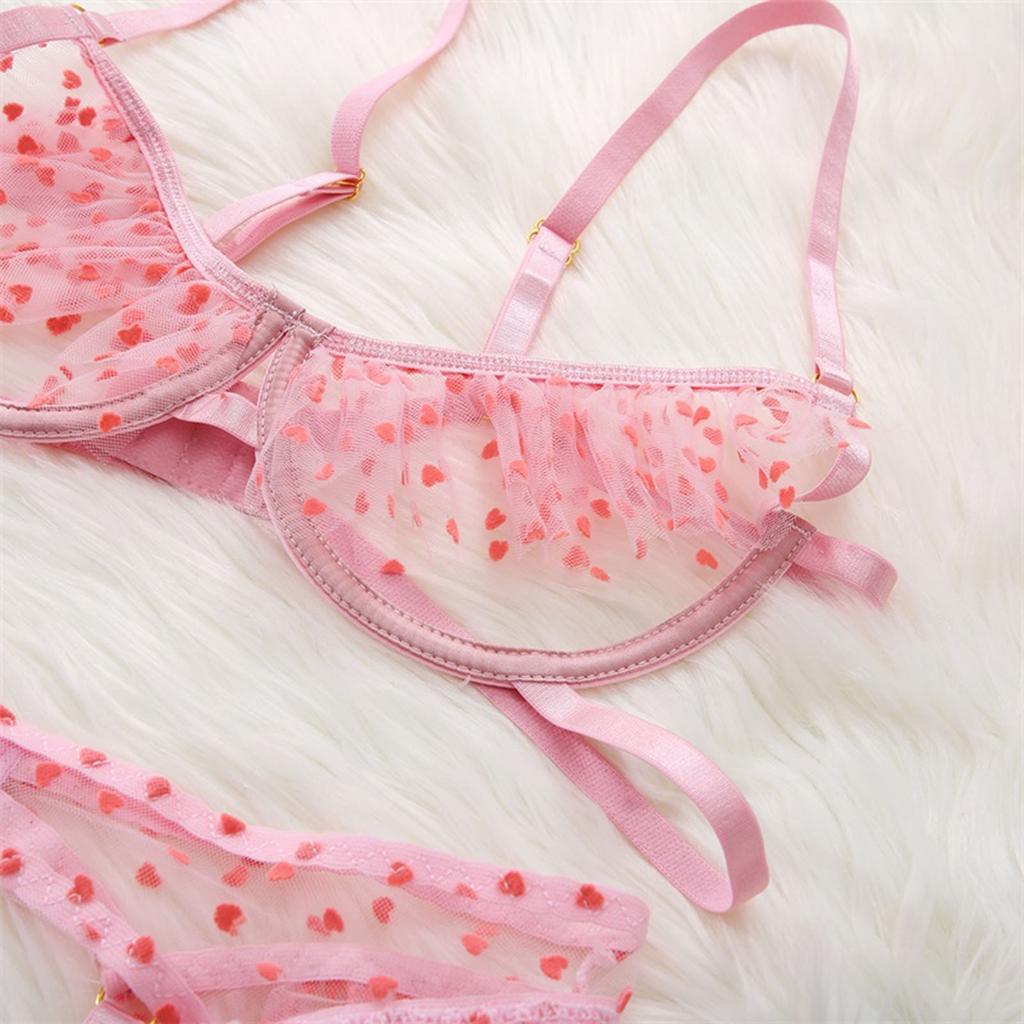 Sexy Lingerie Women Mesh Hollow Out See Through Underwear 3 Piece Set Garters Open Bra Erotic Suit