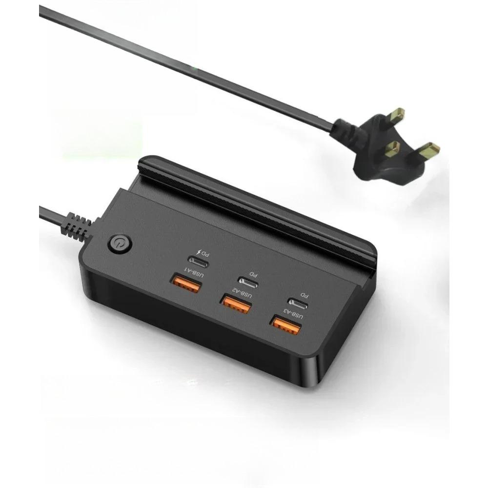 USB Type C Phone Charger Socket 35W 6 Ports Fast Charging Desktop Power Strip with Phone Holder for IPhone Samsung Xiaomi Huawei