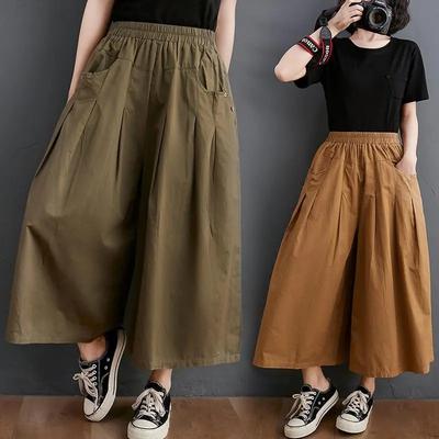 Yazlık Pamuklu Geniş Paça Pantolon Kadın Vintage Tarz Düz Renk Bol Kadın Bilekte Boy Günlük Pantolon