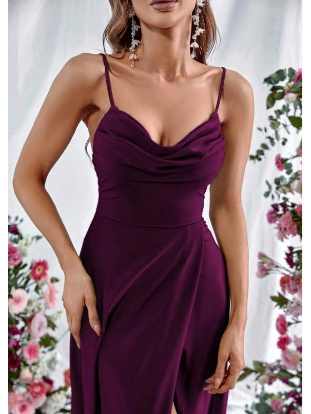 European Spring 2026 Strappy Off-Shoulder Sleeveless Slit Solid Color Elegant Women's Dress