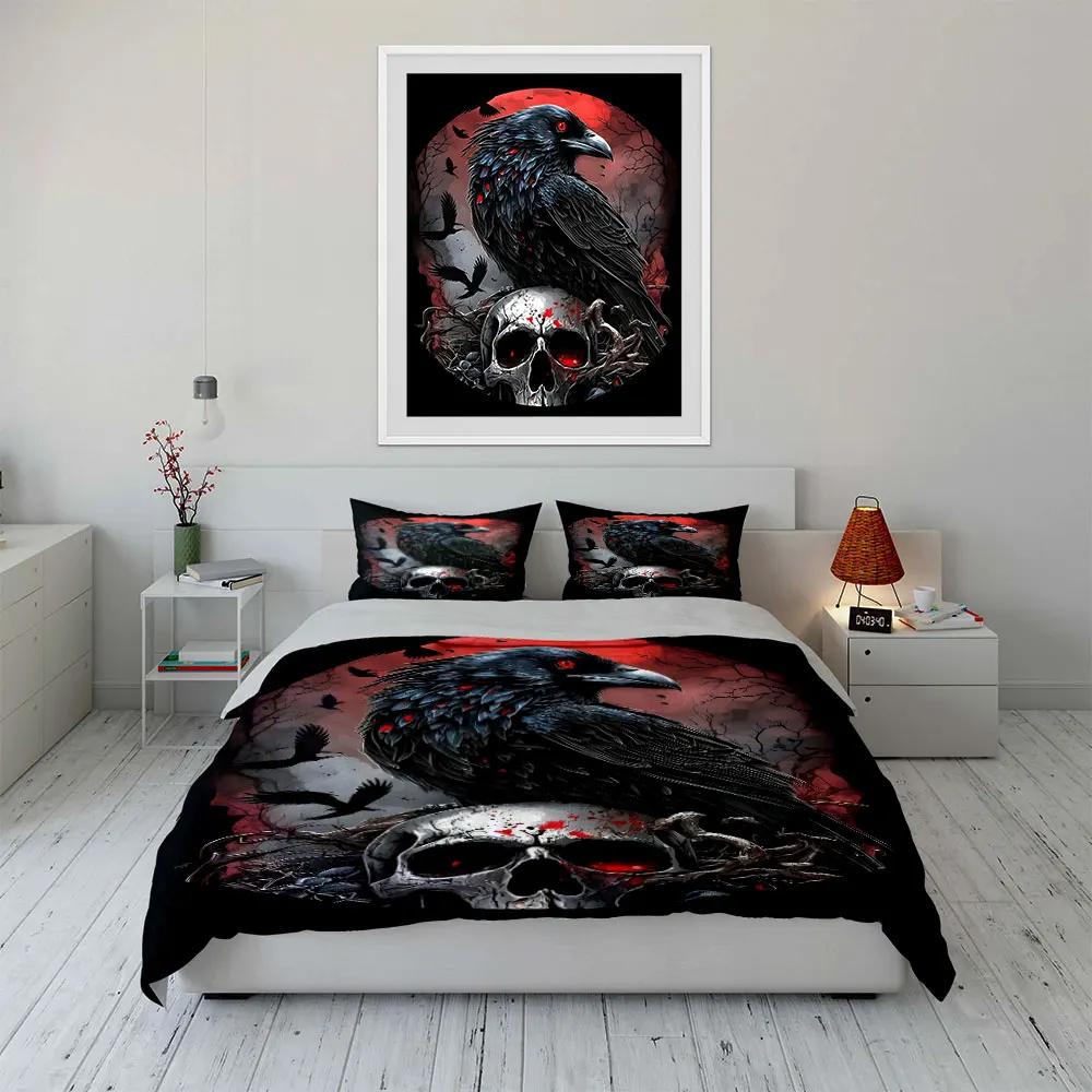 Black Raven with Crimson Background Print Bedding Set Black Raven Duvet Cover Pillowcases for Adult and Children Luxury Gift