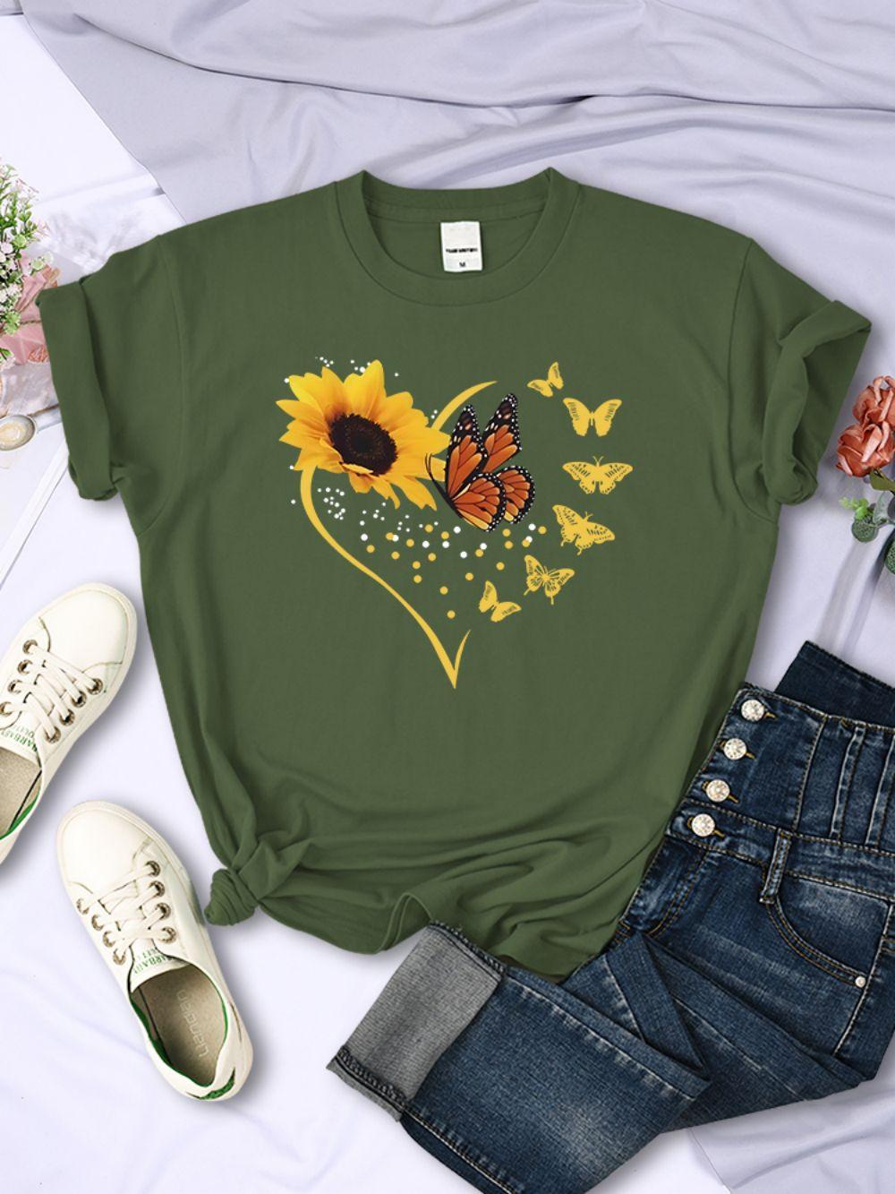 Simple Woman TShirts Sunflower Butterflies Heart Prints Short Sleeve Comfortable Soft ONeck Tops Summer Casual Female Clothes S