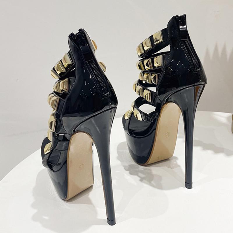 Liyke Sommer Offene Spitze Super Dünne High Heels Frauen Sexy Zip Sandale Mode Metall Nieten Damen Plateau Pumps Schuhe Schwarz
