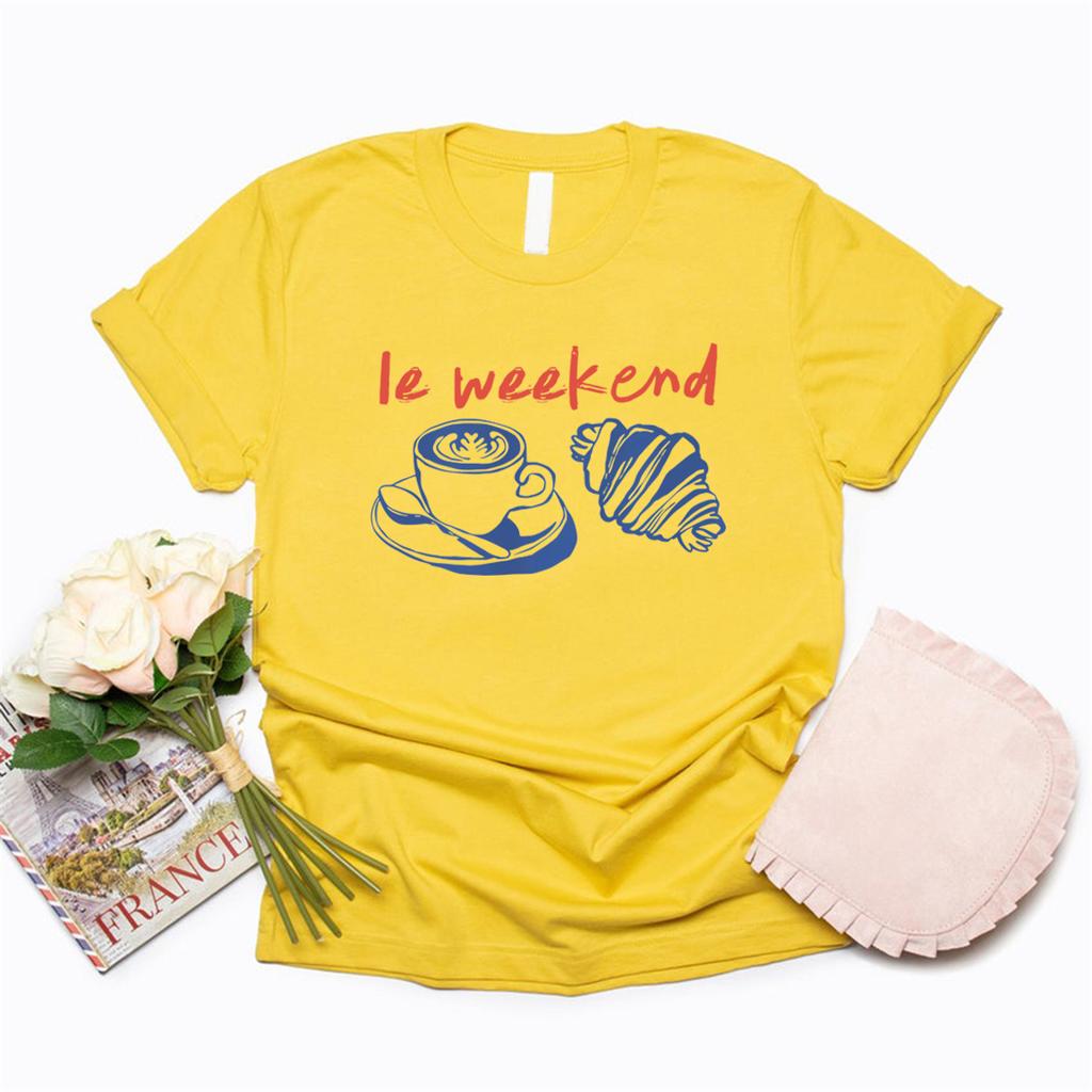 Weekend T-Shirt Coffee Tshirt Croissant Shirt Retro Graphic Tee Casual Short Sleeve Women's T-shirts Vintage Aesthetic Clothes
