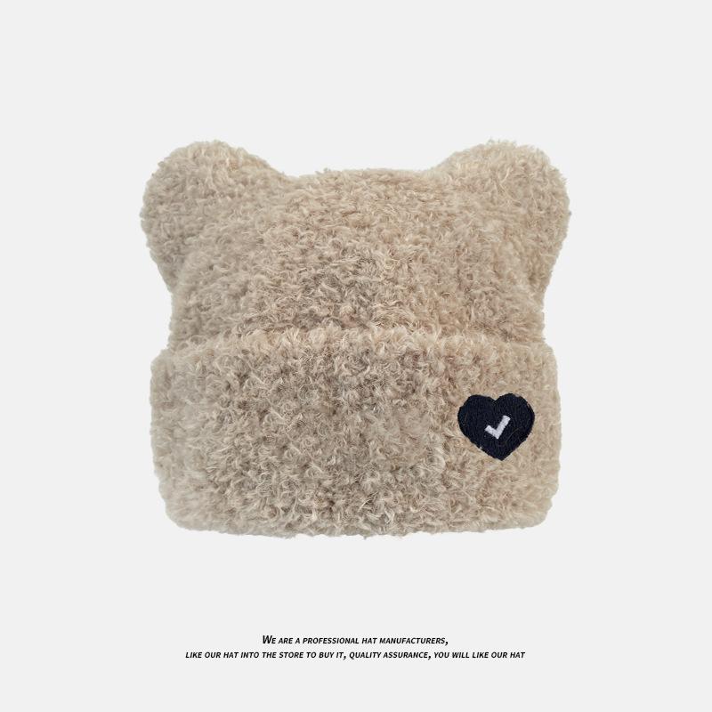 

Милая плюшевая шапка с медвежьими ушками, шерстяная шапка для женщин, осень и зима, пуловер с надписью «Love», теплая шапка от холода, универсальная, с защитой ушей, вязаная шапка one size