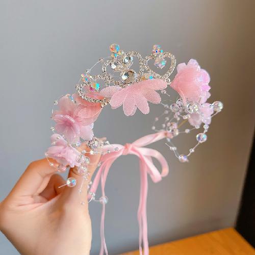 Children's Crown Flower Lace Headwear Cute Princess Garland Pearl Ribbon Hair Clasp Wedding Flower Girls Hair Accessories