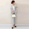 [YUANYUAN] Women's Pantsuit 2-Piece Set: Tailored Jacket & Culottes. Suit Jacket with Waist Tuck, Short Sleeves, Frill Sleeves, Solid Color, Cute and