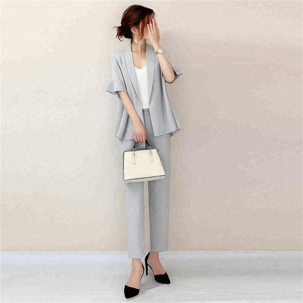 [YUANYUAN] Women's Pantsuit 2-Piece Set: Tailored Jacket & Culottes. Suit Jacket with Waist Tuck, Short Sleeves, Frill Sleeves, Solid Color, Cute and