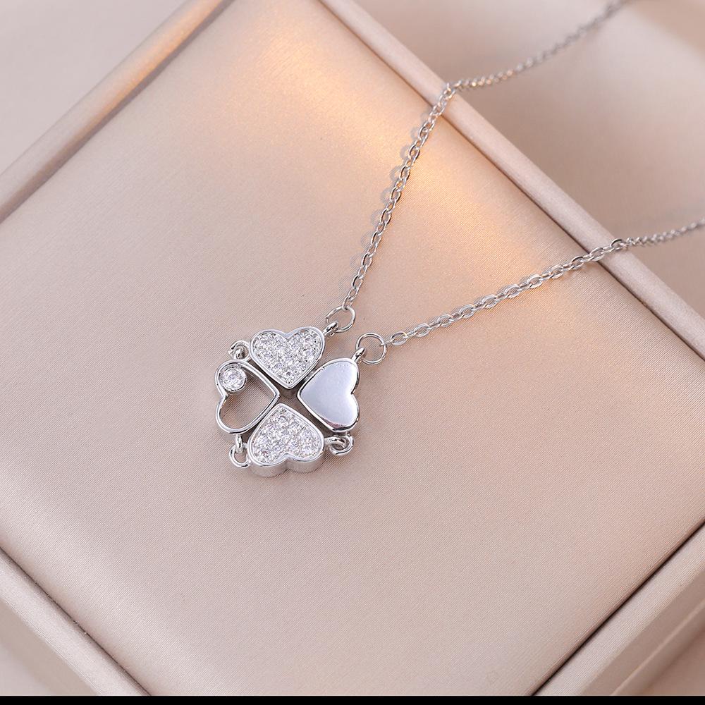 1pc Heart Shaped Four Leaf Clover Pendant Necklace Jewelry Zircon Women Love Clavicle Chain Gifts Openable ChokerJewelry