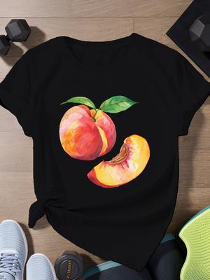 Fresh Peach Print T-shirt Casual Short Sleeved Round Neck Top Comfortable Daily Fashion Women's Summer Plus Size Casual Clothing