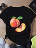 Fresh Peach Print T-shirt Casual Short Sleeved Round Neck Top Comfortable Daily Fashion Women's Summer Plus Size Casual Clothing
