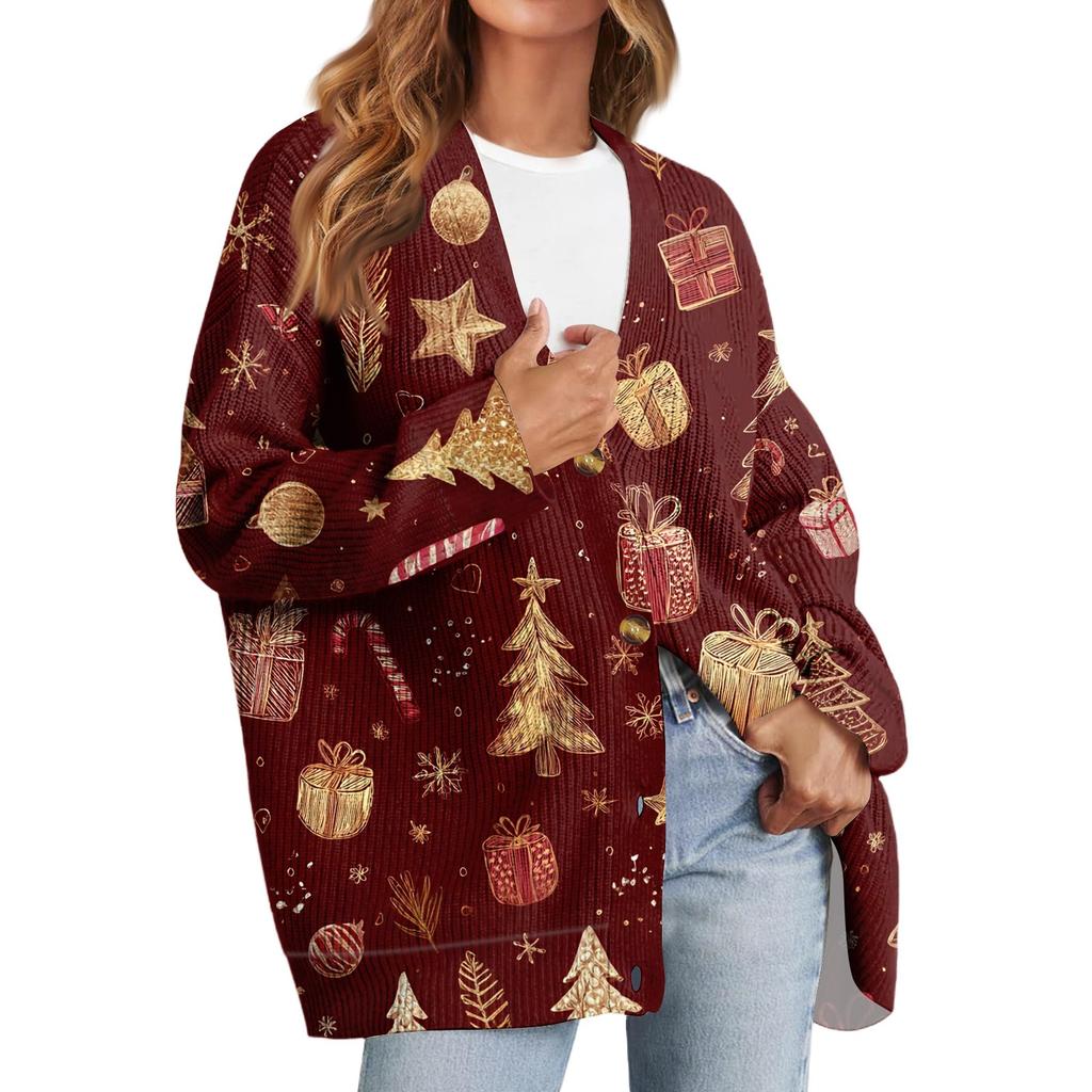 Women's Fashion Long Sleeve Christmas Print V-Neck Button Loose Cardigan Top