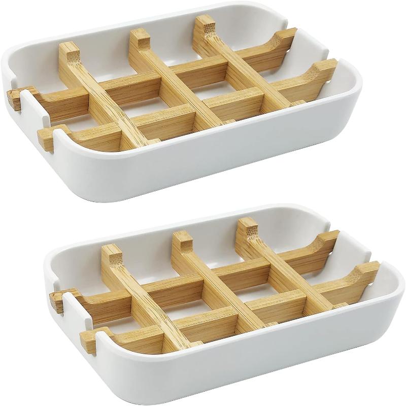 

2 Pack Bamboo Soap Dish Self-Draining Soap Box Wooden Bamboo Bar Soap Holder for Shower Bathroom Kitchen Bathtub Bar Sink