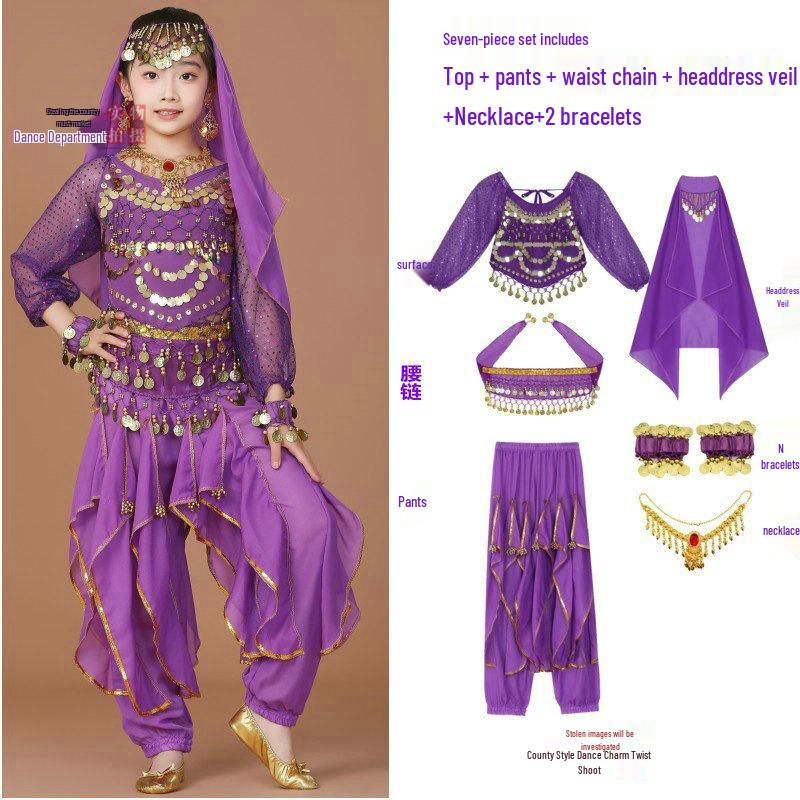 Costume da Danza Indiana per Bambini: Costume per Esibizione di Danza del Ventre e Minoranze dello Xinjiang per Bambina