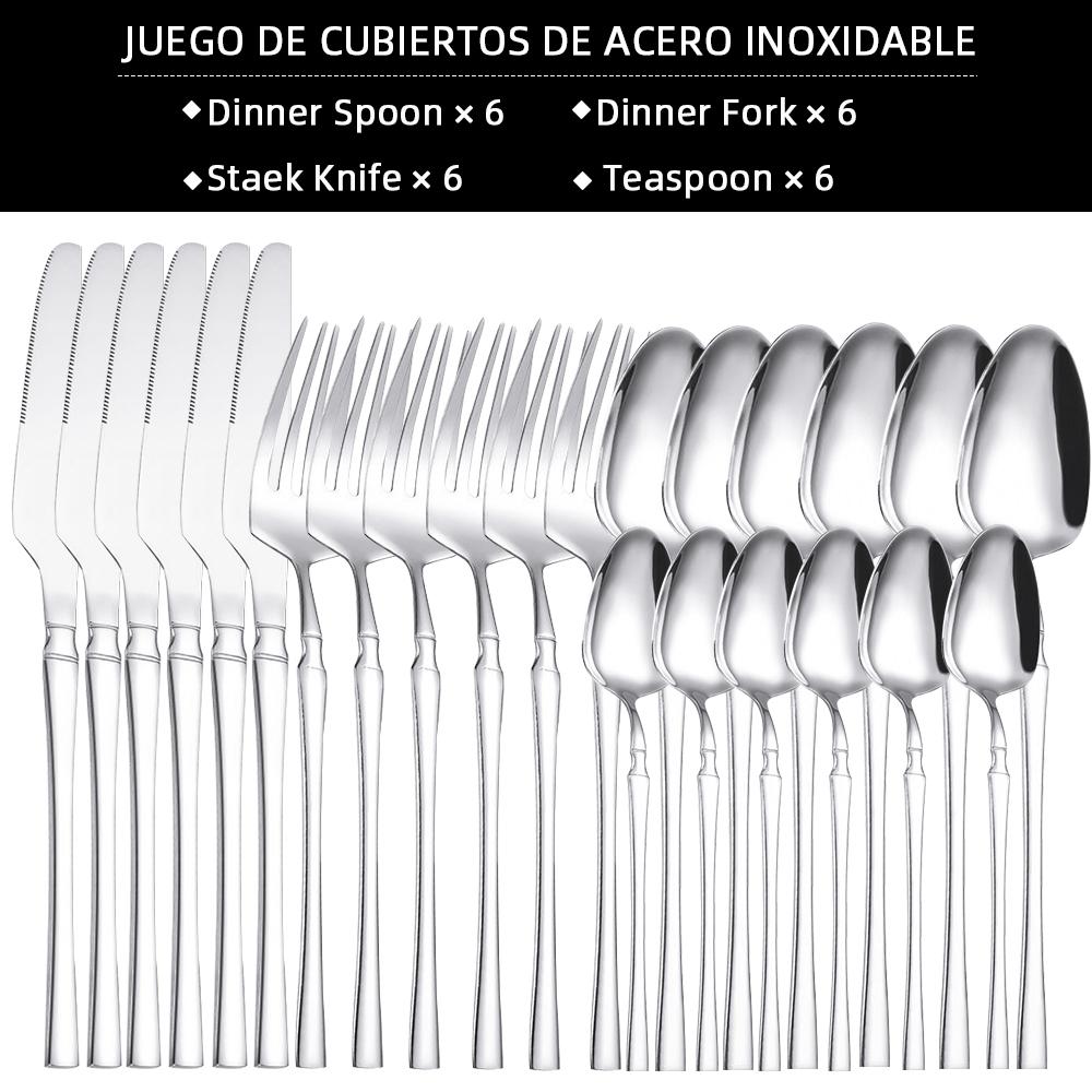 24pcs Silver Cutlery Set Stainless Steel Tableware Knife Fork Coffee Spoon Dinnerware Dishwasher Safe Dinner Cutlery