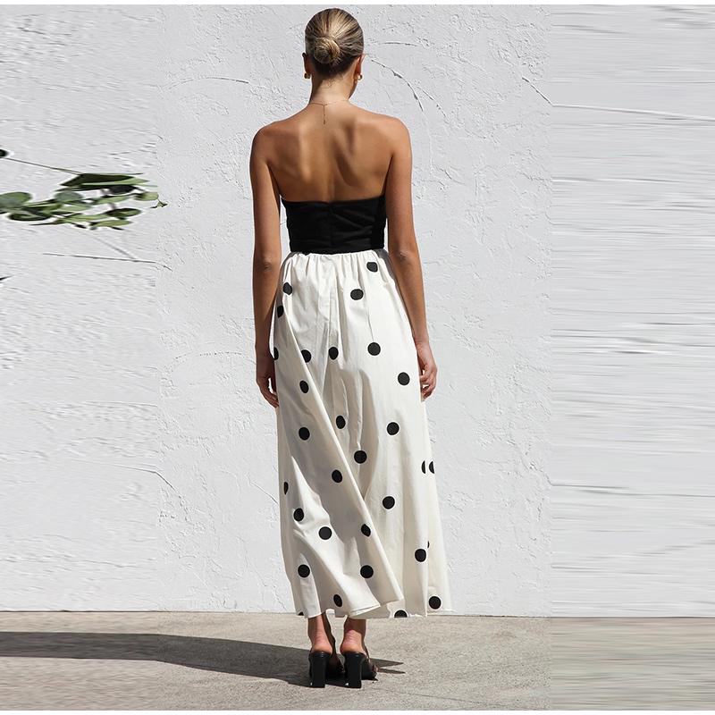 Seksi Yama İşi Puantiyeli Kadın Uzun Elbise Omuz Düşük Büzgülü Bel Kolsuz Uzun Elbiseler Bayan 2025 Yaz Plaj Elbisesi