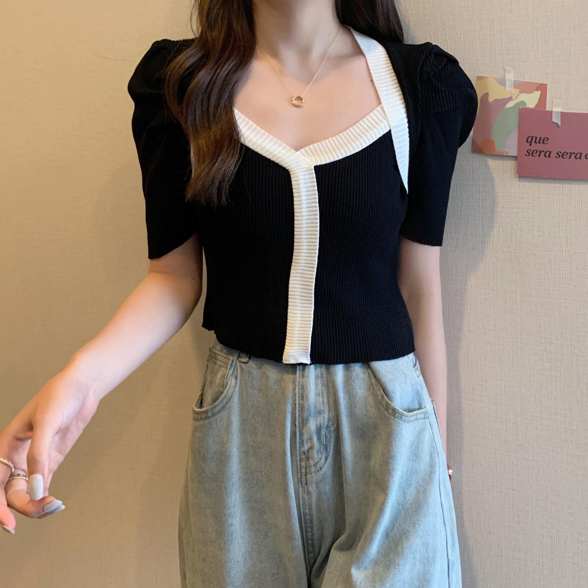 

Summer Bubble Sleeve Sweater Knit Retro Square Neck Temperament Hit Color Slim Short Section Short-sleeved Tops Women Casual Slim Fit Pullovers Tees One Size чорний