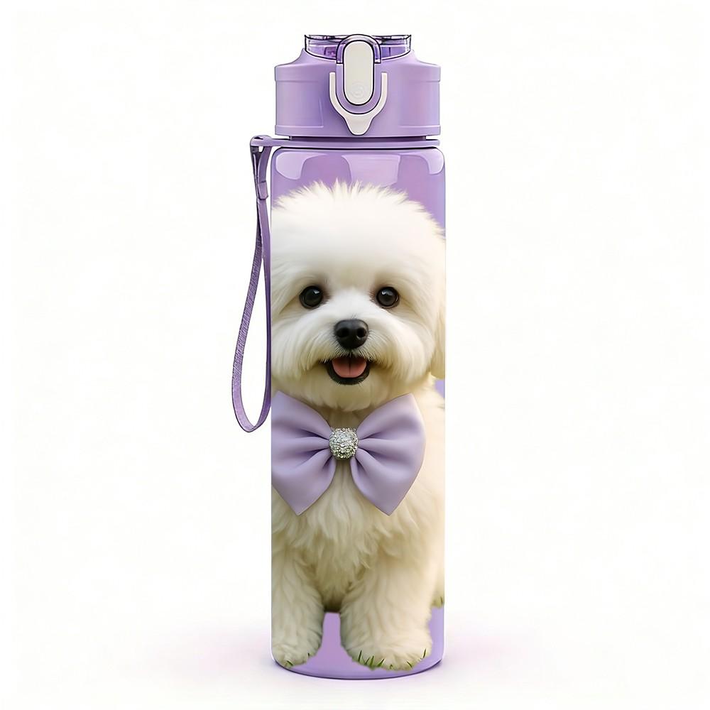 1PC White Poodle Puppy Print 750ml Color Plastic Sports Water Bottle Leakproof Flip Straw Lid Suitable for Sports Office Home Use