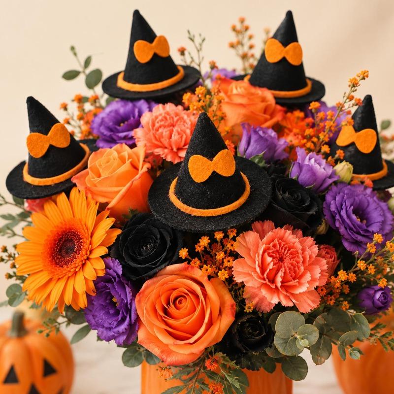 50/1Pcs Halloween Miniature Witch Hats Felt Bow Ornaments for Doll Figures Bottles Cupcakes Home Table Party Decoration Supplies