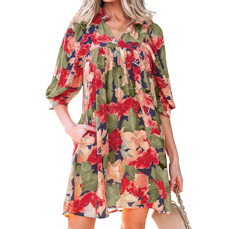 Spring 2026 Floral V-neck European & American Retro Loose Knee-Length Dress for Women L