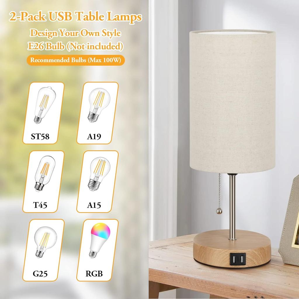 Lakumu Set of 2 Table Lamps with 2 USB Ports, Modern Bedside, Desk Lamps with Pull Chain, Nightstand Lamps with Cream Fabric Shade and Oak Metal Base