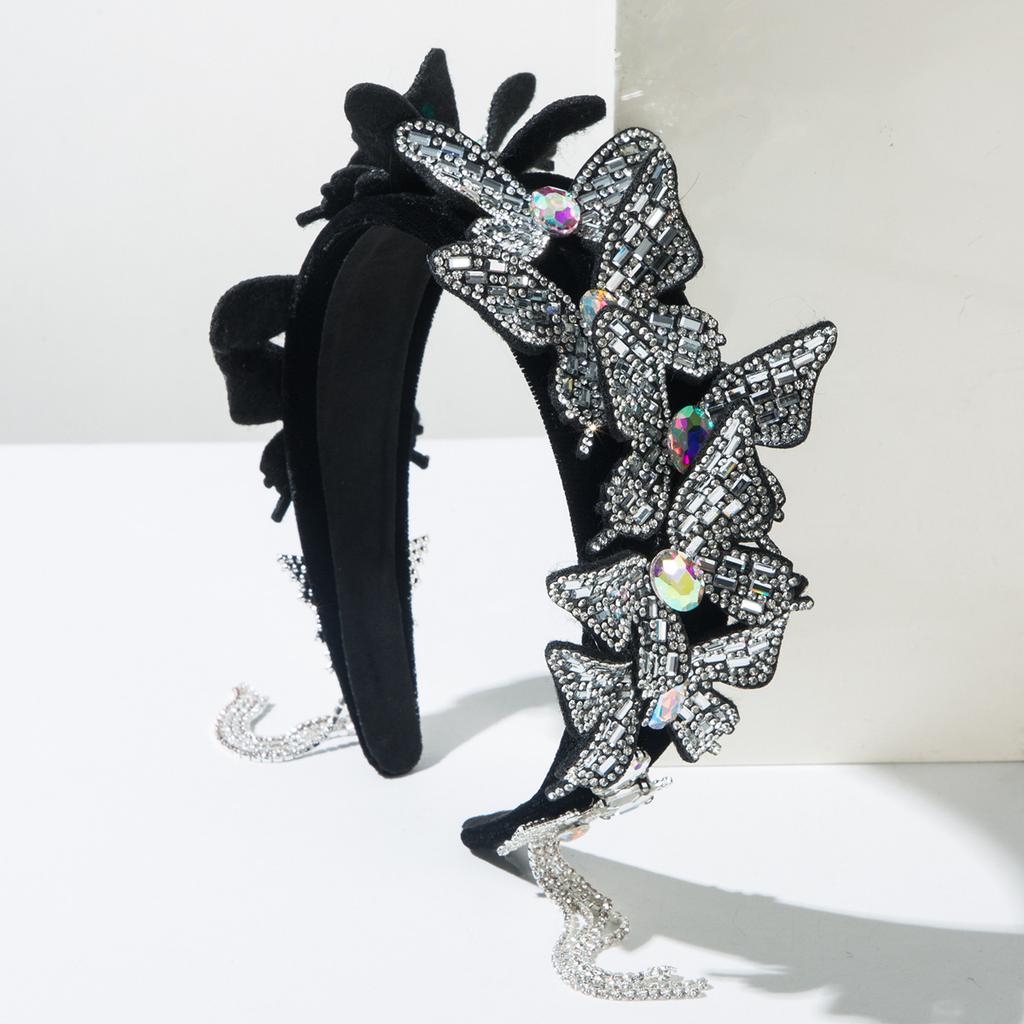 Tiara de Cabelo Borboleta Strass Preto Brilhante Glitter Cristal Contas Larga Bling Joias Acessórios de Cabelo para Mulheres Meninas