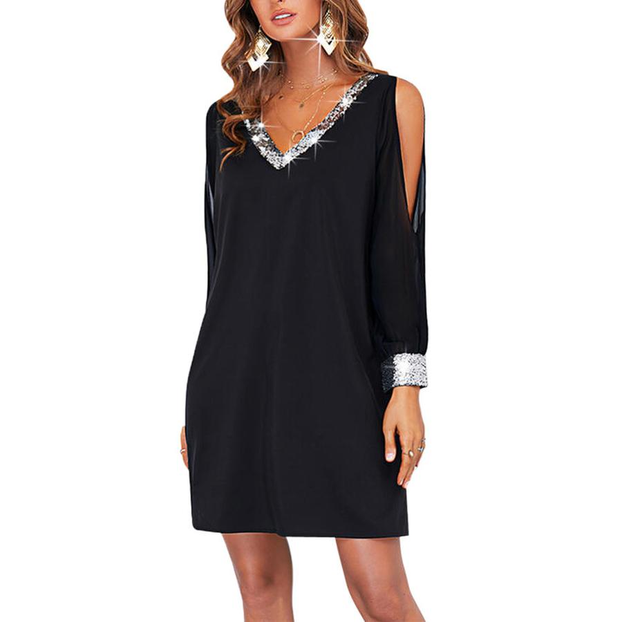 New Women's Solid Color Off-Shoulder Sleeve Casual Fashion Deep V-Neck Patchwork Dress