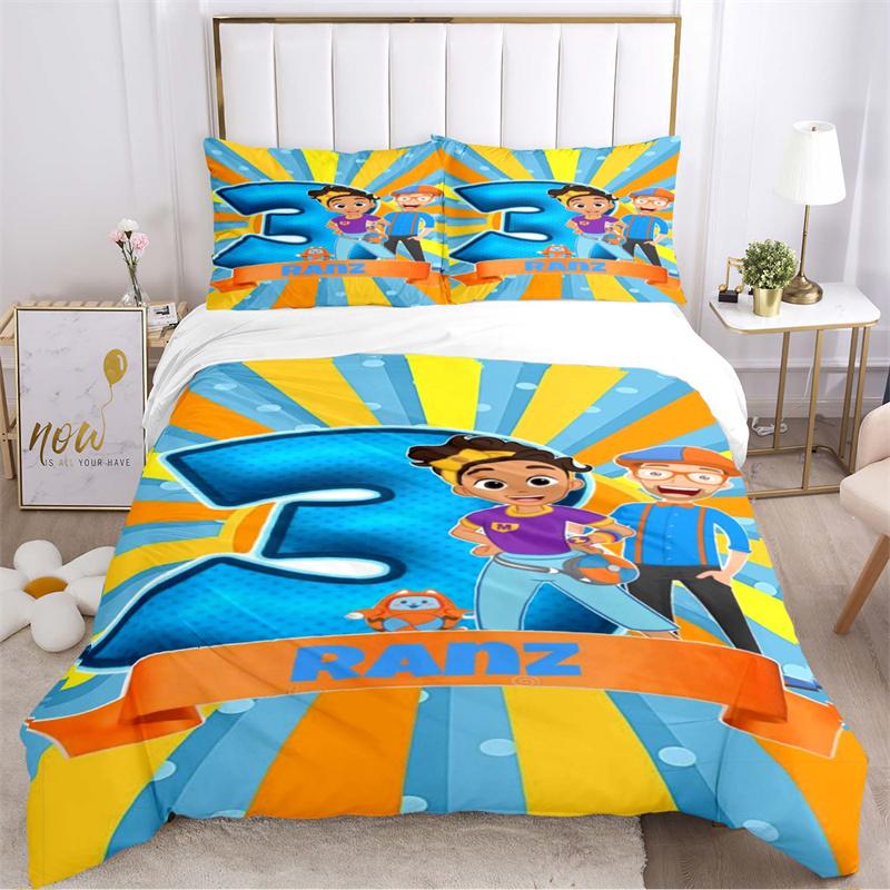 Blue & Orange Kids Character Elements Print Bedding Set, Cute Bow Tie Glasses Pattern Duvet Cover Set(1 * Duvet Cover + 2 * Pillowcase, Without Core)