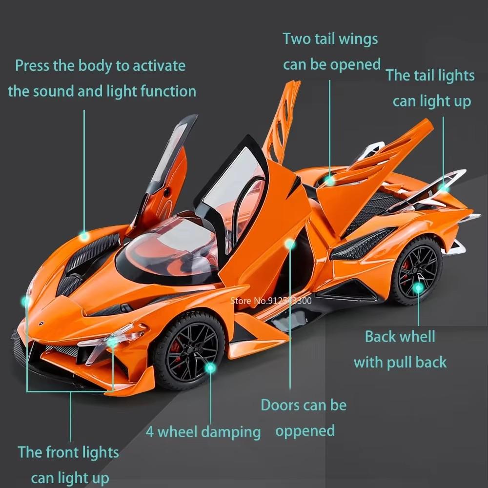 1:24 Scale Plating Apollo Project EVO Sports Car Model Toy Pull Back Sound Light Wheel Steering Supercar Models Desktop Ornament