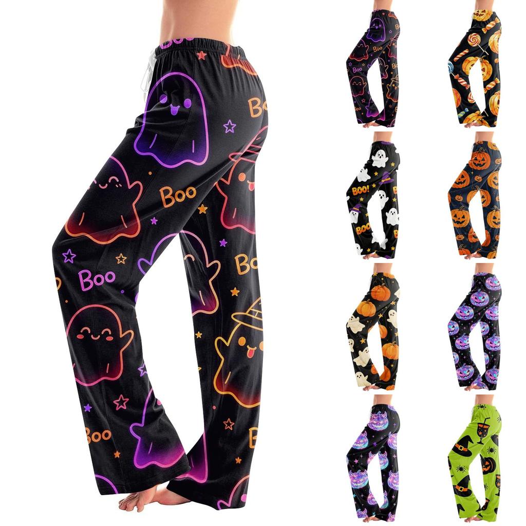 Women's Halloween Print Drawstring Pajama Pants, Comfortable Sleepwear with Elastic Waist