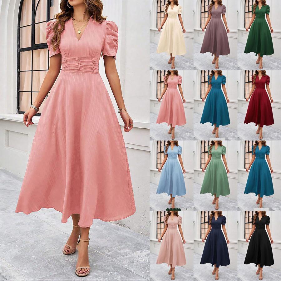 Summer Women's Fashion Chic High Waist Solid Short Sleeve Ruched Dress
