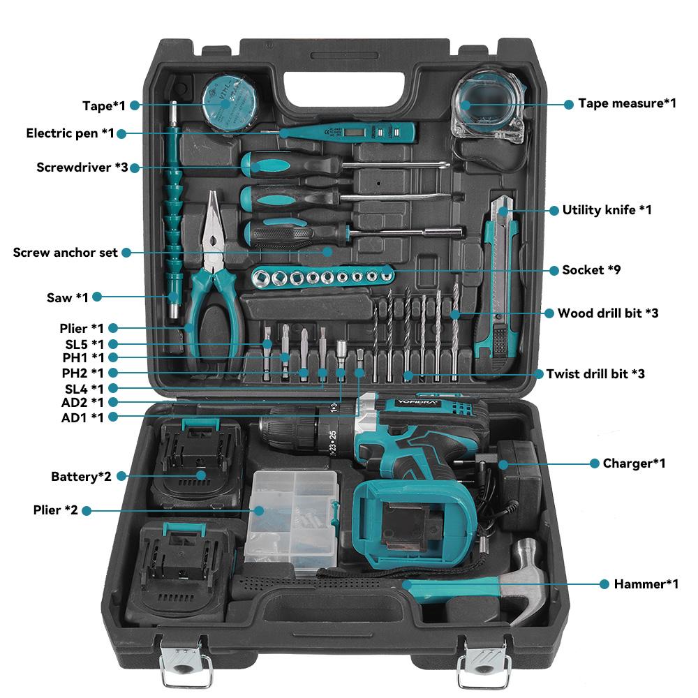 Yofidra 60N.M L 25+3 Torque Electric Impact Dril Cordless Electric Screwdriver With 32/53PCS Tool Kit Power Tool For 21V Battery
