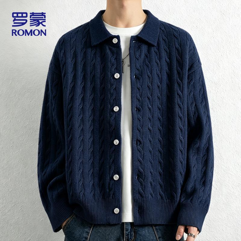 ROMON Men's Old Money Style Lapel Knitted Cardigan