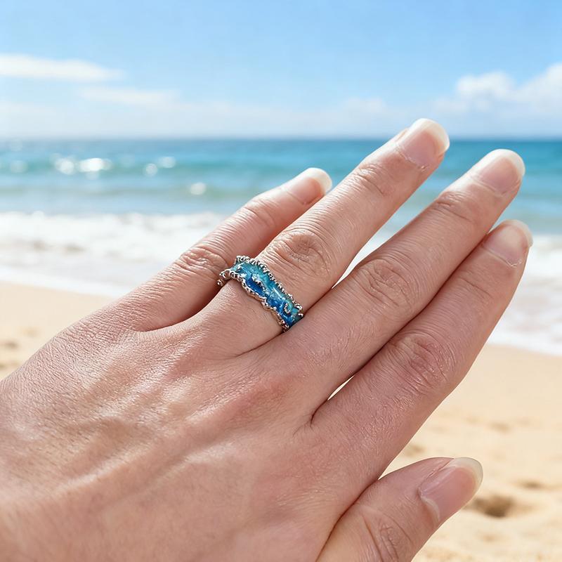 Huitan Einzigartiges Design Ozeanwelle Blaue Emaille Ringe für Damen Kupferfarbe Exquisite Sommerurlaubs-Accessoires Statement-Schmuck
