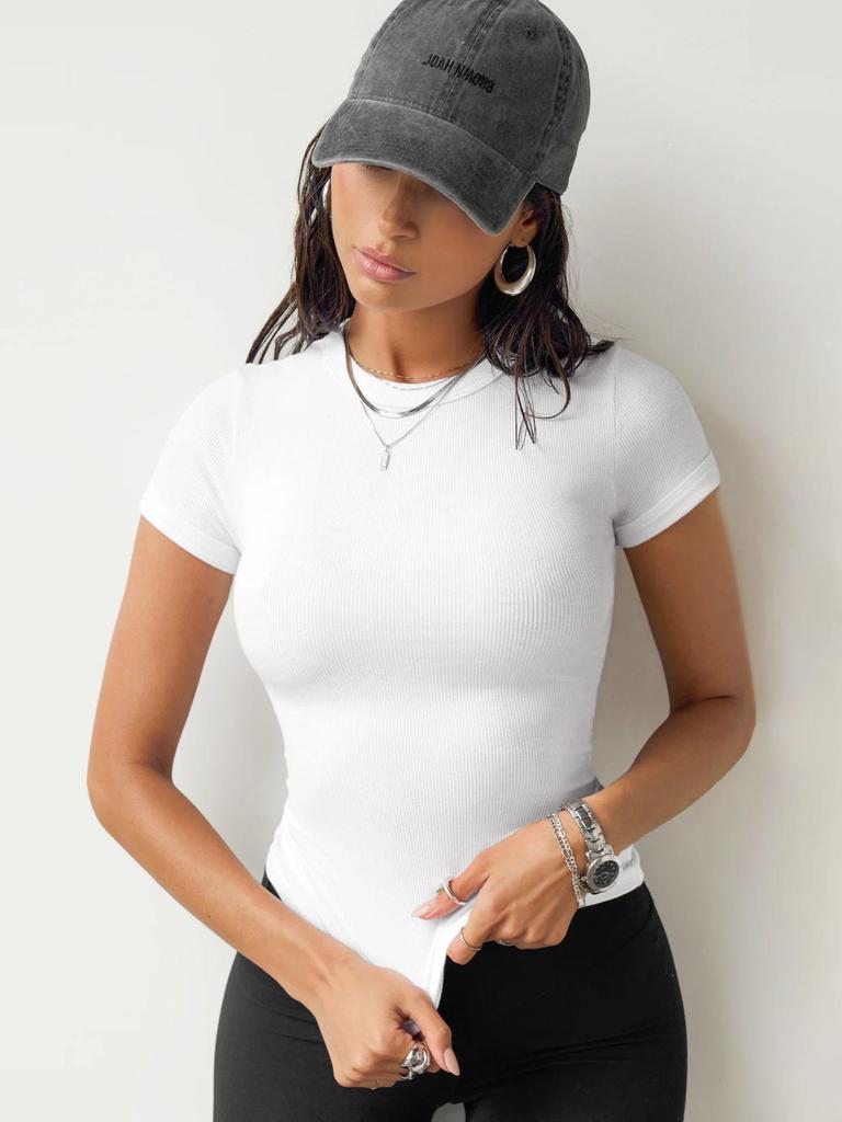 2024 Women's European American Ribbed Slim Fit Sports Top, Solid Color Short Sleeve T-shirt