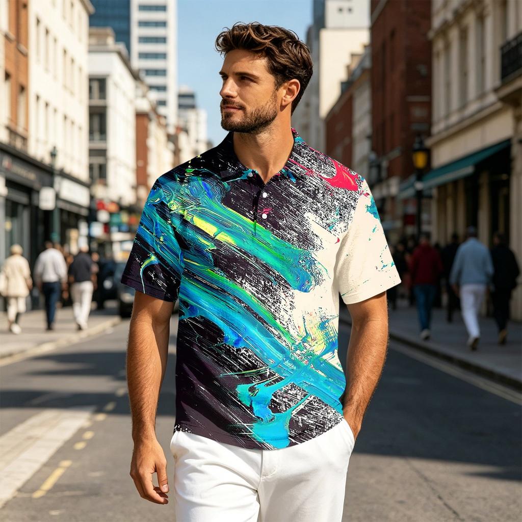 Men Short Sleeve Polo Shirt Lightweight Cotton Linen Breathable Gradient Print Casual Lapel Top for Summer Outfits