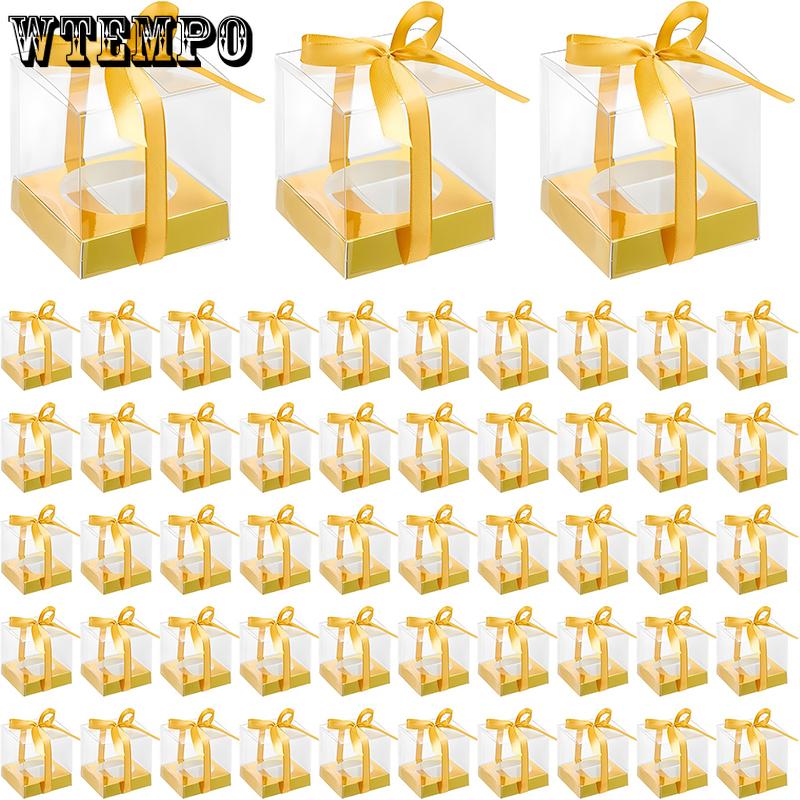WTEMPO DIY Foldable Clear Gift Boxes with Ribbons for Wedding Favors Birthday Gifts and Festive Party Supplies Transparent Plastic Packaging Boxes