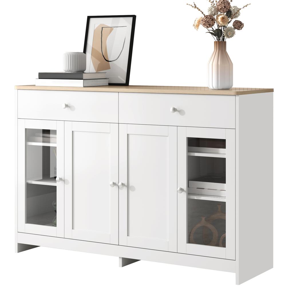 Sideboard with White Wood Grain, Four Doors, with Two Drawers, Door with Glass. Living Room, Dining Room. Wood Color and White