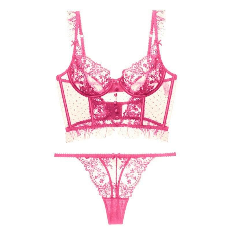 French underwear women's ultra-thin large breasts show small large size underwear, sexy embroidery gathers beautiful back lace bra set